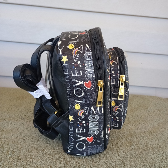 Disney Black Mini Backpack Multi-colored Print Words Like "Mickey," Love"and OMG - Picture 4 of 9